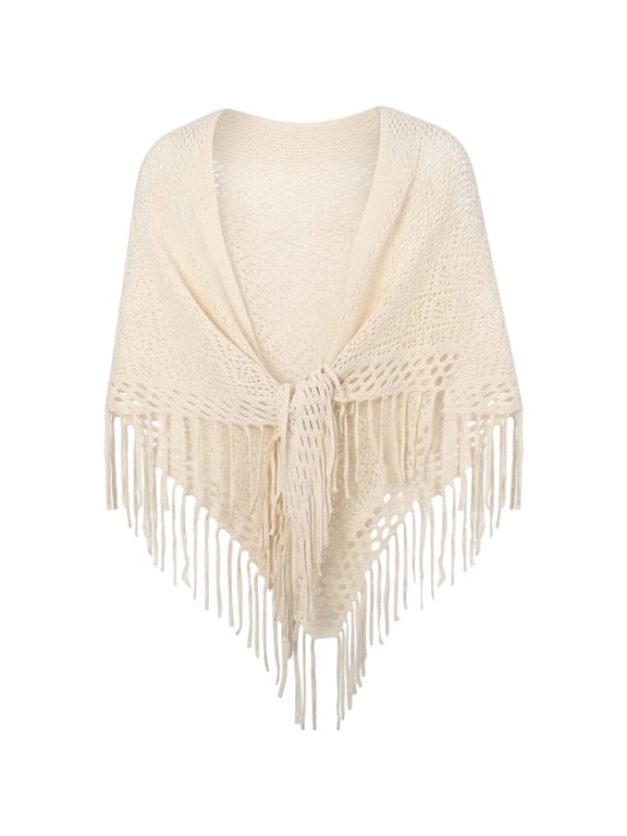 Boho Open Knit Fringe Shawl Wrap Triangle Scarf, Beige
