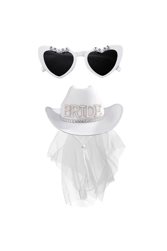 Bride Cowboy Hat with Heart Glasses Western Girl Hat Veil Cowboy Cap Wide Brim Cap Bachelorette Party Headwear for Women