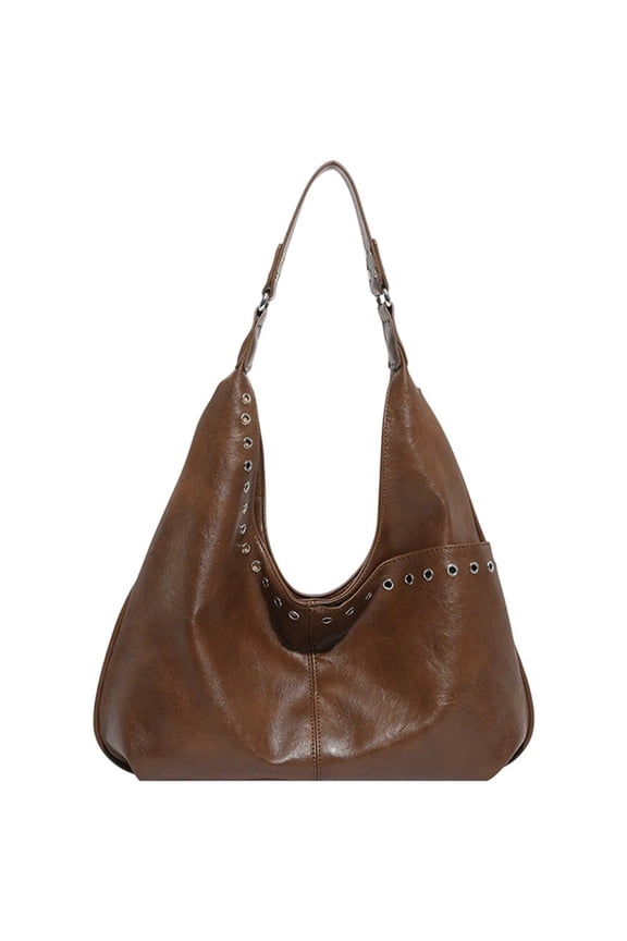 Brown PU Leather Slouchy Shoulder Bag Y2K Rivet Underarm