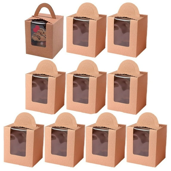 Hzzsbu Cupcake Boxes, 10 Pcs Single Paper Cupcake Holder Containers, Candy Cookies Desserts Gift Boxes with Window and Handle for Wedding Birthday Party