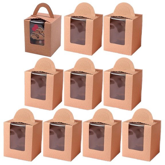 Hzzsbu Cupcake Boxes, 10 Pcs Single Paper Cupcake Holder Containers, Candy Cookies Desserts Gift Boxes with Window and Handle for Wedding Birthday Party