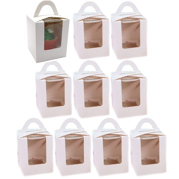 Hzzsbu Cupcake Boxes, 10 Pcs Single Paper Cupcake Holder Containers, Candy Cookies Desserts Gift Boxes with Window and Handle for Wedding Birthday Party