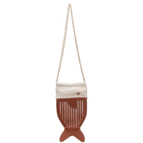 Hzzsbu Cute Fish Shape Crossbody Bag, Hollow Woven Leather Drawstring Shoulder Purse