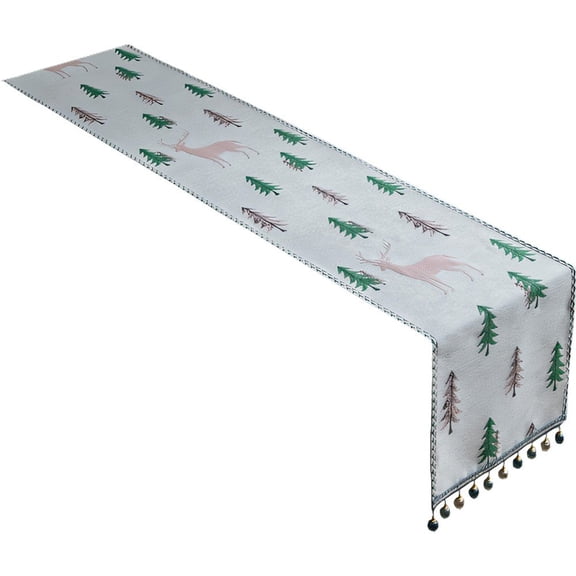 Hzzsbu Deer Pine Tree Christmas Jacquard Table Runner 33*180cm Festival Embroidered Tassel Table Flag Festival Home Dining Room Table Decoration