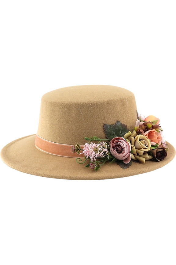 Floral Ladies Hat, Vintage Wool Floral Flat Top Hat, Wide Brim Hat, Fedora Church Derby Felt Cap Bucket Hat Bowler Hats for Wedding Party Talent Show