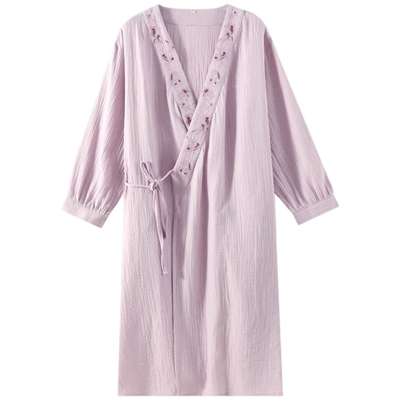 Hzzsbu Japanese Style Kimono Robe for Women Pure Cotton Gauze Mid-Length Bathrobe Sleepwear Loungewear Embroidered Hanfu Inspired Sauna Spa Cover Up