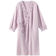 Hzzsbu Japanese Style Kimono Robe for Women Pure Cotton Gauze Mid-Length Bathrobe Sleepwear Loungewear Embroidered Hanfu Inspired Sauna Spa Cover Up