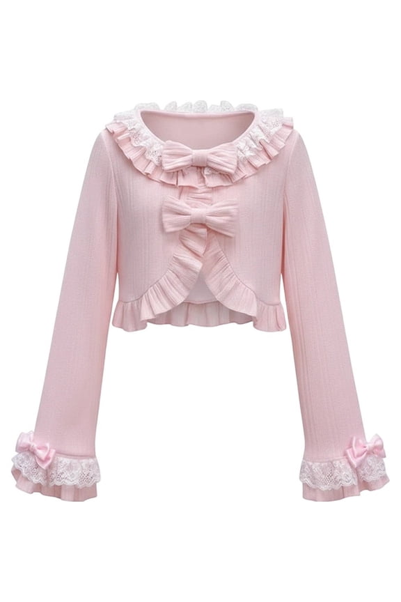 Kawaii Cropped Knit Cardigan Sun Protection Ruffled Cardigan Cute Bow Open Front Crochet Cardigan Lolita Lace Knit Cardigan