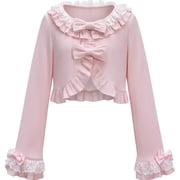Hzzsbu Kawaii Cropped Knit Cardigan Sun Protection Ruffled Cardigan Cute Bow Open Front Crochet Cardigan Lolita Lace Knit Cardigan