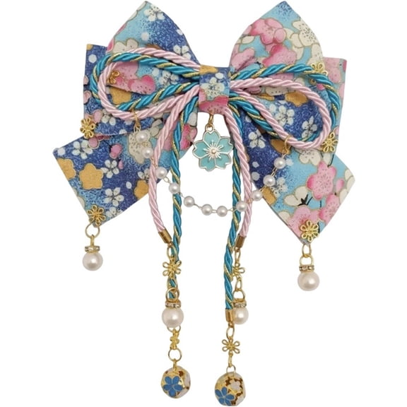 Hzzsbu Large Bow Hair Clips with Hot Cherry Blossom Pendant, Lolita Pearl Tassel Edge Clip Barrette Hair Fastener Accessories for Women