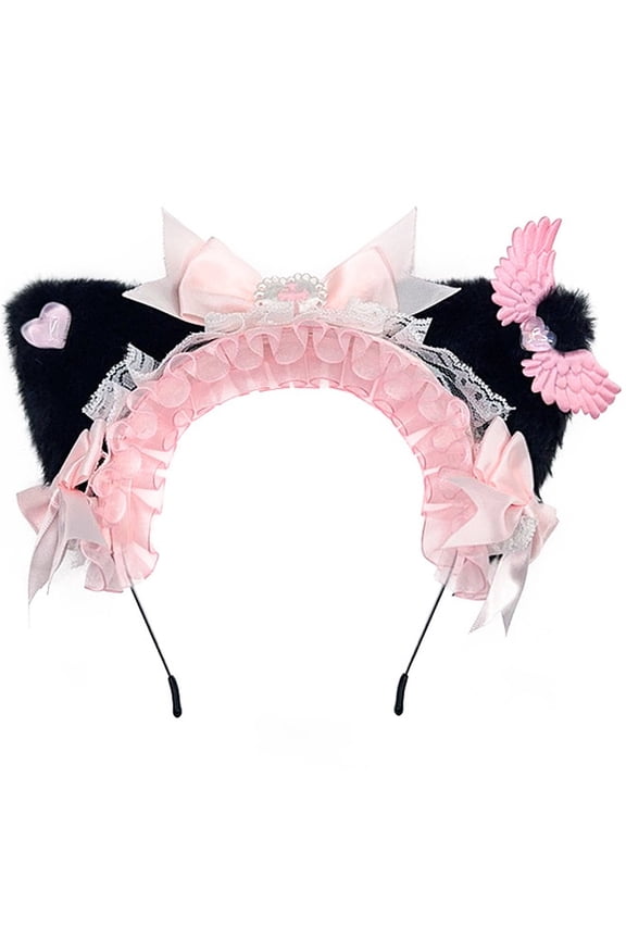 Lolita Bow Hairband With Ruffled Design Cat Ears Headband Hair Hoop for Tea Party Princess Accessory