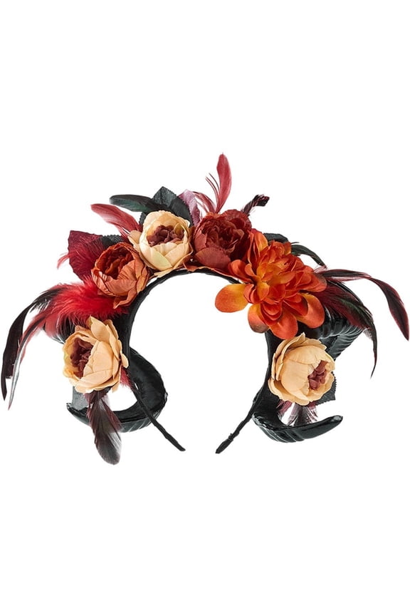 Gothic Ram Horn Headband, Floral Feather Lolita Hair Headpiece for Photography Decor