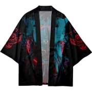 Hzzsbu Mens Kimono Cardigan, Japanese Style Open Front Cape Coat with Samurai Print, Seven Sleeves Lightweight Casual Jacket, Retro Yukata Tops