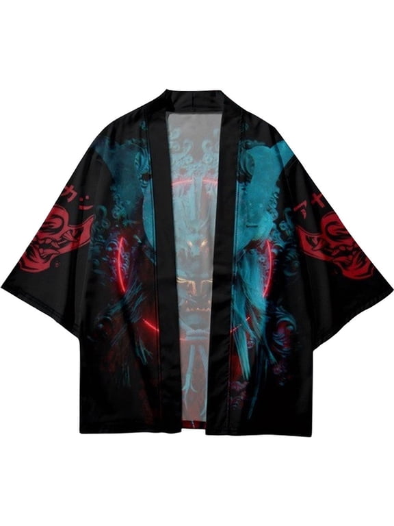 Men's Kimono Cardigan, Japanese Style Open Front Cape Coat with Samurai Print, Seven Sleeves Lightweight Casual Jacket, Retro Yukata Tops