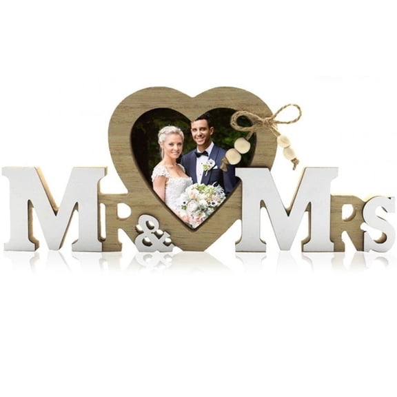 Hzzsbu Mr & Mrs Heart Wedding Picture Frame, Wooden LOVE Photo Frame for Engagement Newlyweds