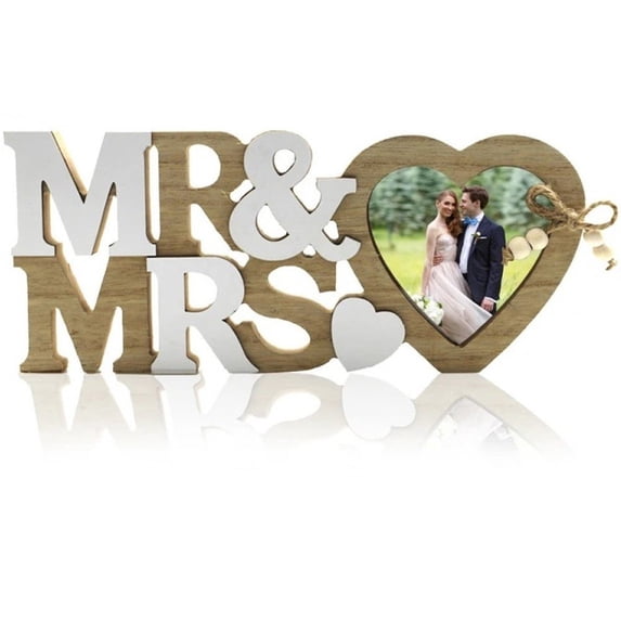 Hzzsbu Mr & Mrs Heart Wedding Picture Frame, Wooden LOVE Photo Frame for Engagement Newlyweds