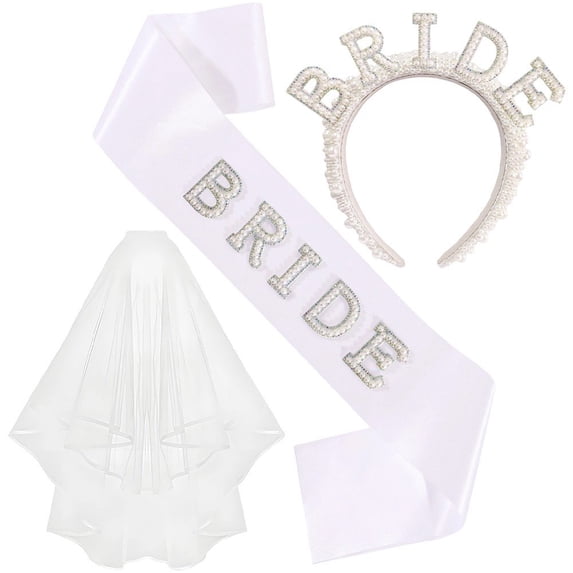 Hzzsbu Pearl Bride To Be Sash Headband and Veil Set, Bridal Headband Tiara for Bridal Shower Wedding Hen Party Decorations Supplies