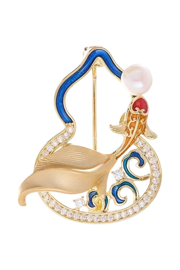 Pearl Fish Gourd Geometric Enamel Brooch Pin Rhinestone