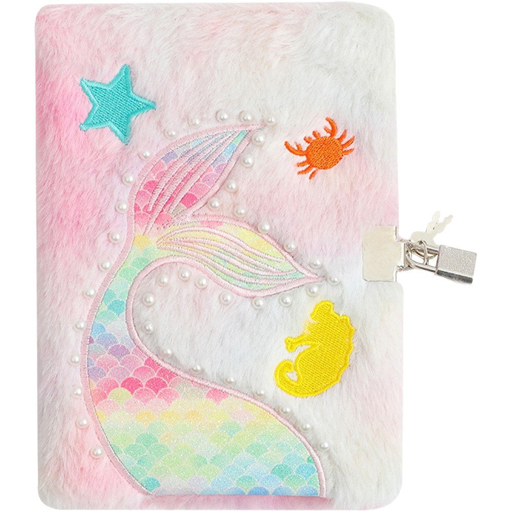 Hzzsbu Plush Mermaid Notebook A5 Mermaid Diary Glitter Journal for Hardcover Notebooks Writing Drawing Embroidery Notepad with Locks and Keys