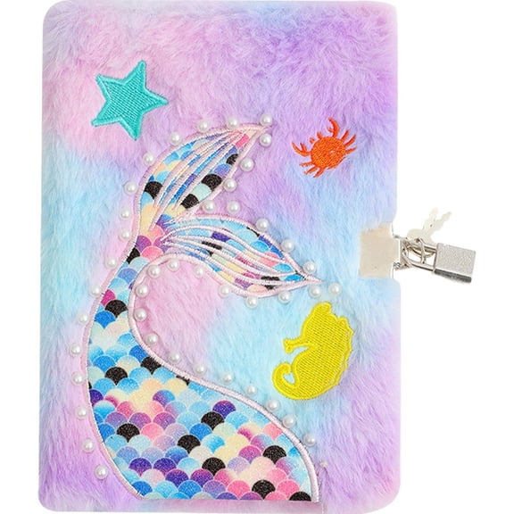 Hzzsbu Plush Mermaid Notebook A5 Mermaid Diary Glitter Journal for Hardcover Notebooks Writing Drawing Embroidery Notepad with Locks and Keys