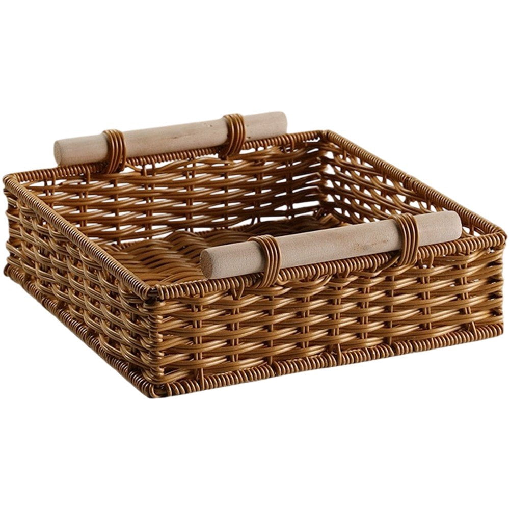 Hzzsbu Rattan Basket Handmade Woven Storage Baskets with Wooden Handle Rectangular Woven Baskets for Kitchen, Shelves