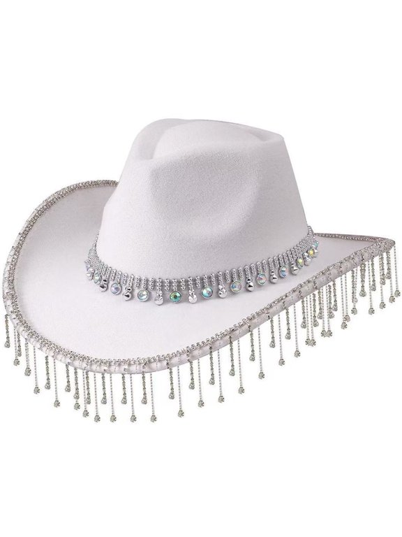 Rhinestone Fringe Cowboy Hat, Sparkly Western Felt Hat for Parties Festivals