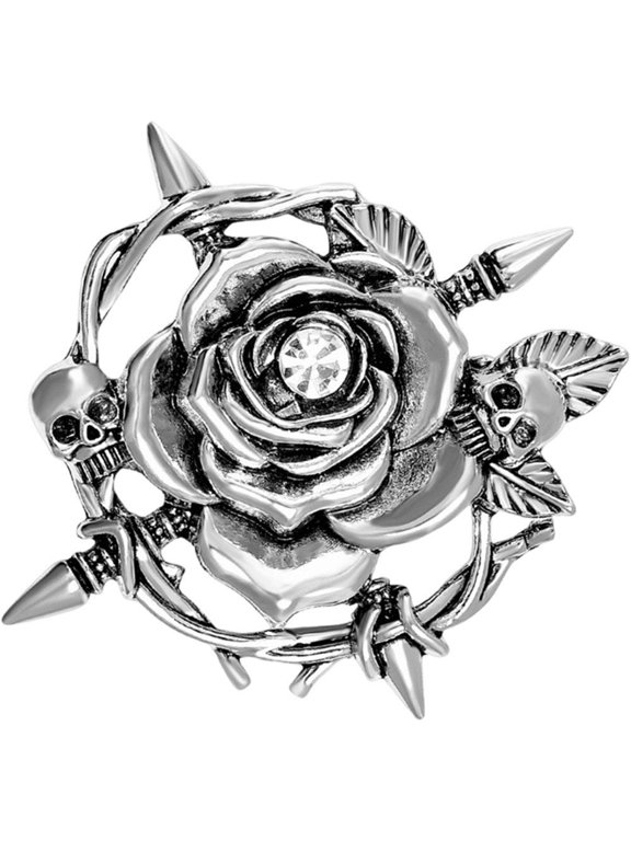 Skull Rose Flower Brooch Pin Vintage Gothic Rhinestone