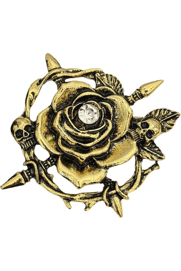 Skull Rose Flower Brooch Pin Vintage Gothic Rhinestone