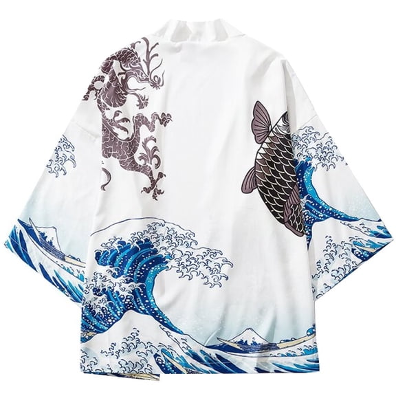 Hzzsbu Traditional Japanese Kimono Cardigan Japanese Male Yukata with Wave Carp Print, Haori Coat Japan Clothing
