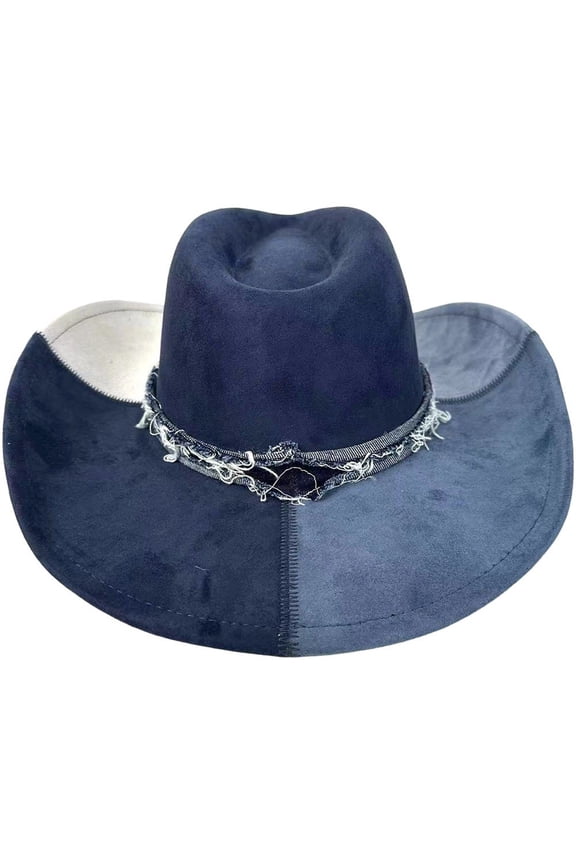 Unisex Western Denim Cow Hat Color Blocked Suede Cow Fashion Big Brimmed Jazz Hat, Beach Cap Fedora Hats