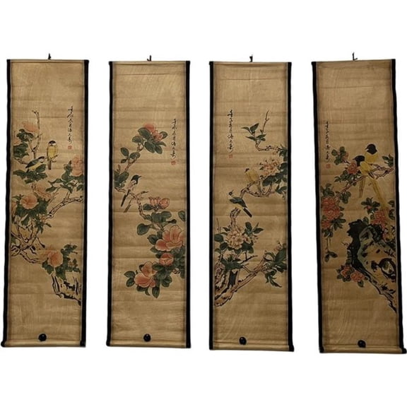 Hzzsbu Vintage Plant Flower Wall Art - 4 Panels Asian Scroll Prints, Old Paper Botanical Posters, Home Decor Floral Painting Set