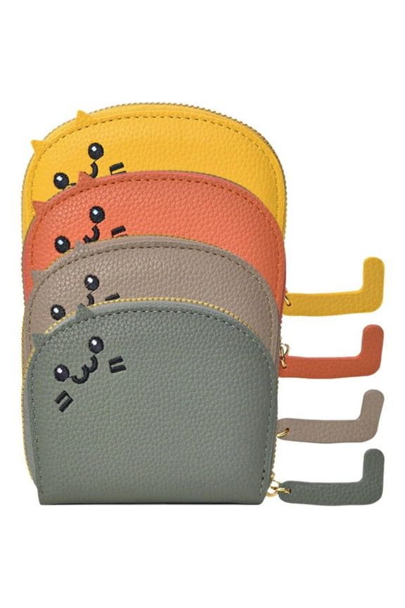 Women's Cute Cat Coin Purse - 4pcs Mini Leather Zipper Card Holder, Keychain Change Pouch Wallet