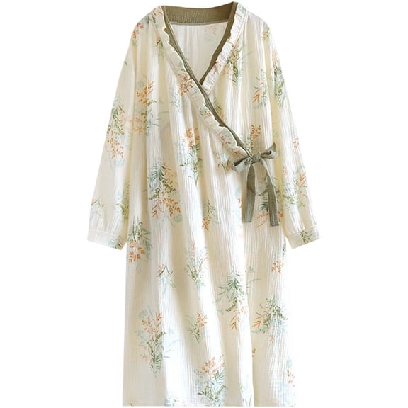 Hzzsbu Women's Floral Pattern Bathrobe Spring and Autumn Pure Cotton Nightgown Long Loose Dressing Gown Sleepwear for Bath Sauna