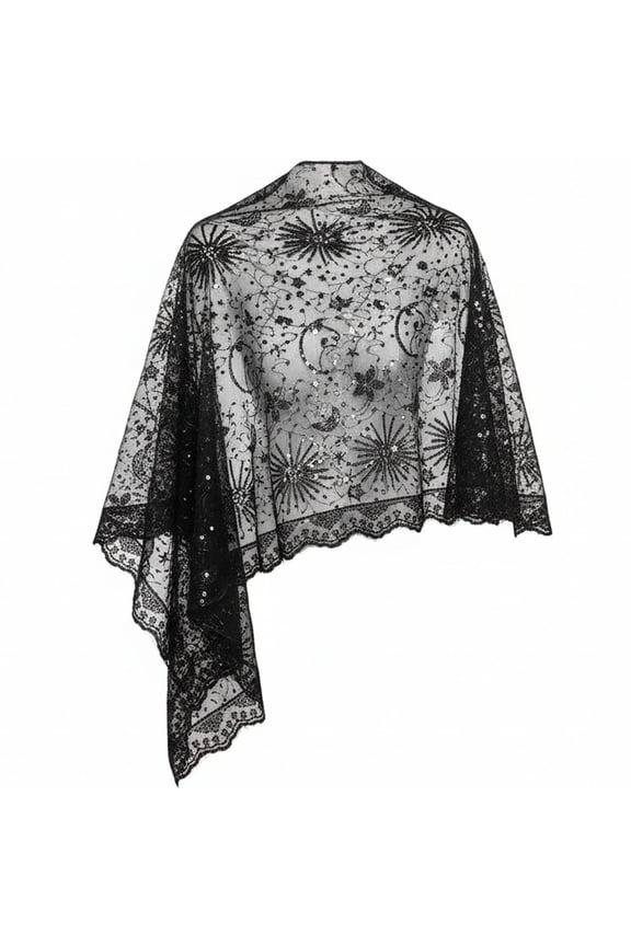 Women's Sequin Stars Moons Shawl Sparkly Mesh Evening Wrap