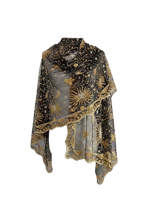 Women's Sequin Stars Moons Shawl Sparkly Mesh Evening Wrap