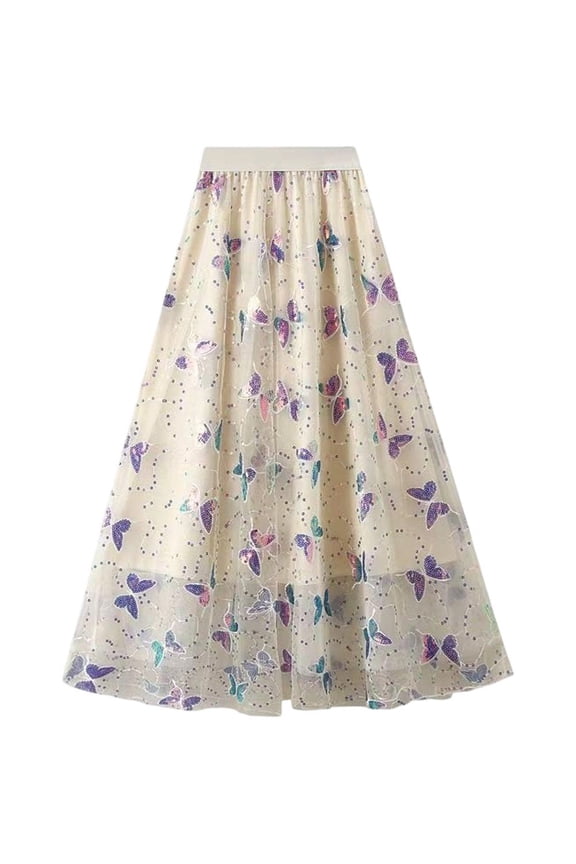 Womens Sequin Butterfly Midi Skirt High Waisted A Line Cute Layered Fairy Mesh Tulle Pleated Skirt