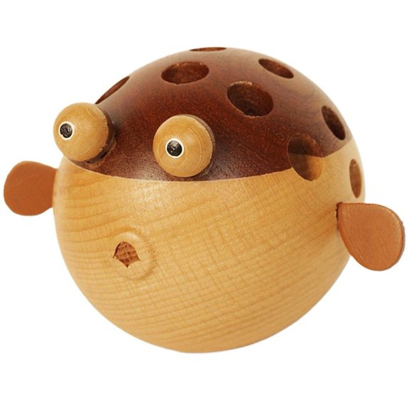 Hzzsbu Wooden Puffer Fish Pen Holder with Multi Holes Blowfish Ornament Multifunctional Office Supplies Desktop Organizer
