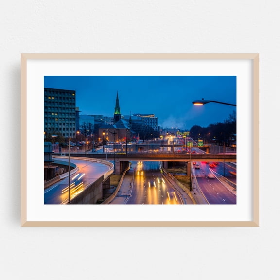 I-395 - Washington District of Columbia Photography Cityscape Nightlife Architecture Skyline Street Photography Bridge Oak Framed Wall Art Print 5 x 7 inches