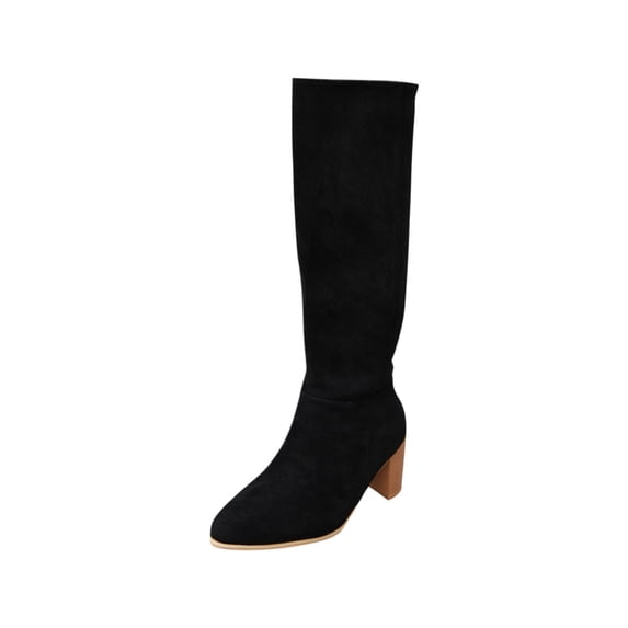 I-494 Black Ladies Chunky Heel Knee High Boots Pointed Toe Side Zipper Faux Leather Winter Casual For Women