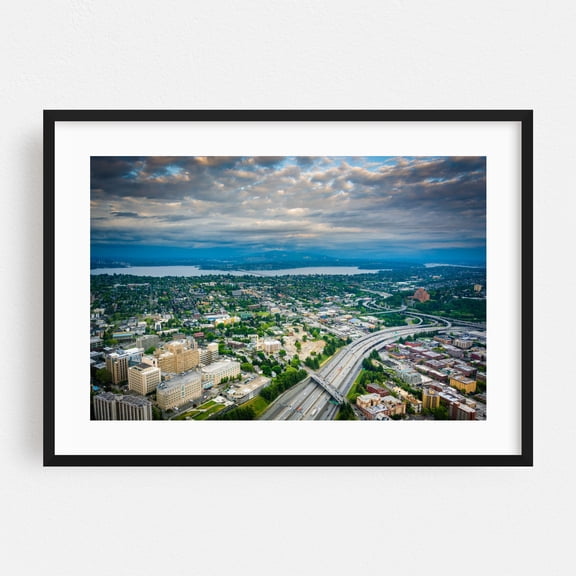 I-5 & Lake Washington - Seattle Washington Photography City Skyline Landscape Architecture Bridge Scenic Travel Poster Black Framed Wall Art Print 5 x 7 inches