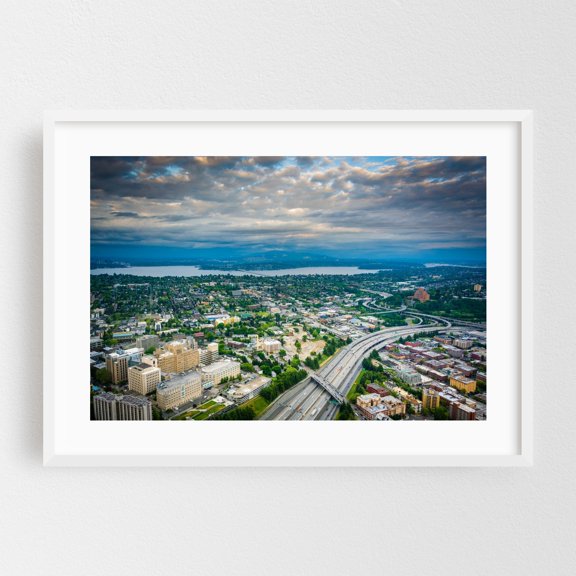 I-5 & Lake Washington - Seattle Washington Photography City Skyline Landscape Architecture Bridge Scenic Travel Poster White Framed Wall Art Print 5 x 7 inches