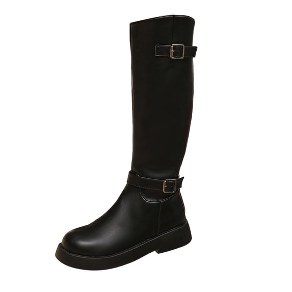 I-550 Black Womens Fashionable Casual Winter Knee High Boots Round Toe Rear Zipper Low Heel Belt Buckle
