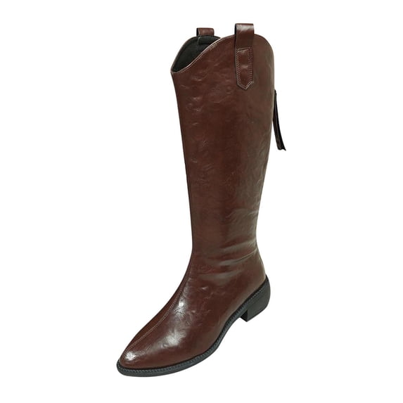 I-740 Brown Women Winter Knee High Boots Pointed Toe Solid Color Chunky Low Heel Rear Zipper Fashionable