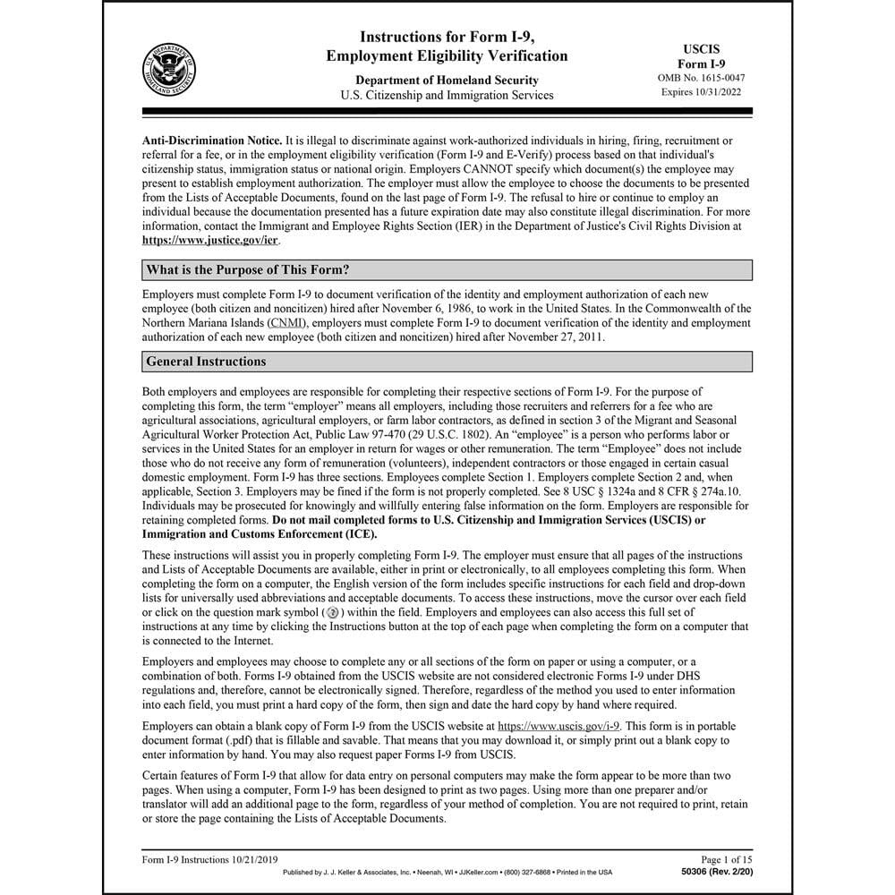 I9 Form, Employment Eligibility Verification, 8.5 x 11, 75 Pack