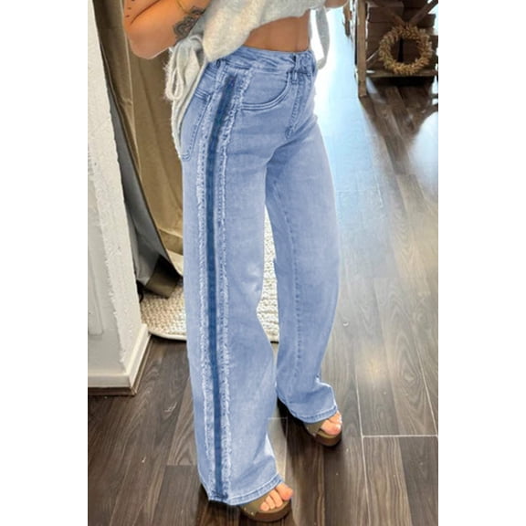 I AM A FASHION JUNKY Beau Blue Contrast Stripe Frayed Side Panel Patchwork Shift Jeans