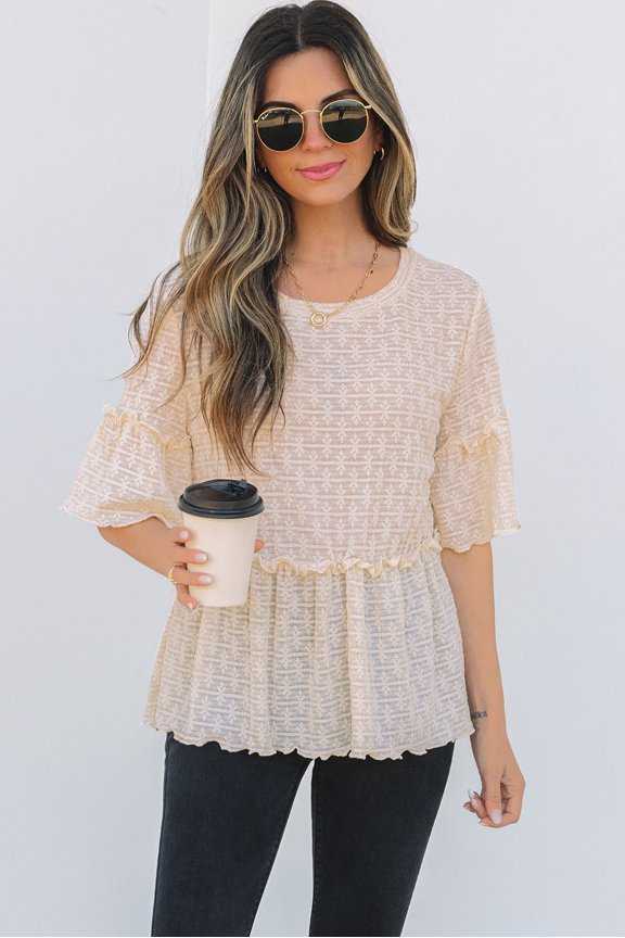 Beige Solid Color Textured Ruffled Short Sleeve Blouse (Beige, M, 90%Polyamide+10%Elastane)