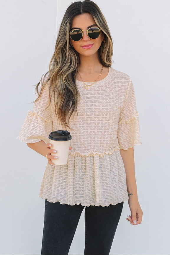 Beige Solid Color Textured Ruffled Short Sleeve Blouse (Beige, XL, 90%Polyamide+10%Elastane)