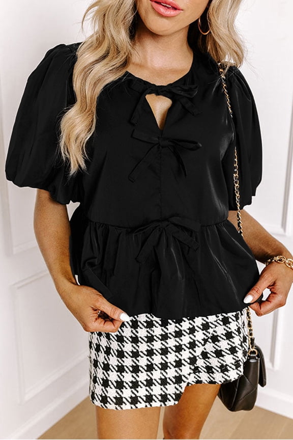 Black Puff Sleeve Bowknot Front Peplum Blouse (Black, L, 100%Polyester)