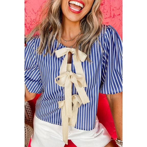I AM A FASHION JUNKY Blue Stripe Tied Front Puff Short Sleeve Blouse (BlueStripe, S, 70%Polyester+30%Cotton)