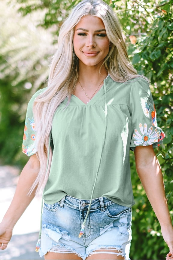 Clearly Aqua Floral Embroidered Puff Sleeve Split Neck Blouse (ClearlyAqua, L, 58%Viscose+37%Polyester+5%Polyamide)